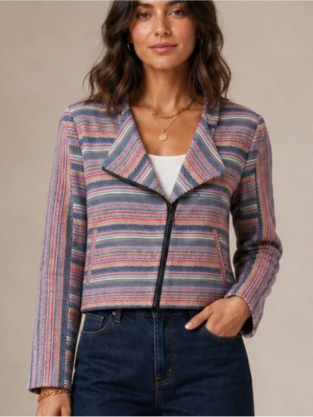 BCNU MULTICOLOR ASYMMETRICAL ZIP COTTON MOTO JACKET LONG SLEEVE STRIPE SZ MEDIUM